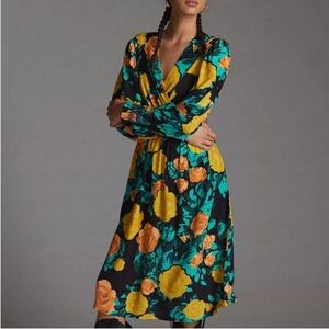Anthropologie Plenty Yellow & Orange Black Floral Long Sleeve V-neck Dress XL
